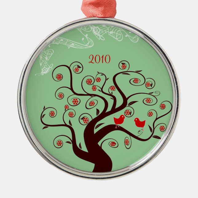 Red Birds Swirl Tree Christmas Ornament (Front)