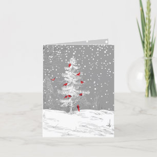 Red Birds, White Christmas, Snowy Pine, Holiday Card