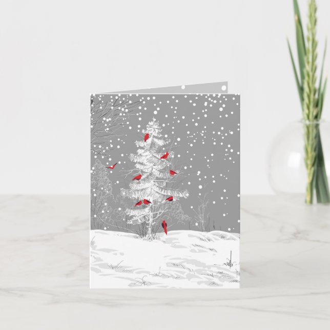 Red Birds, White Christmas, Snowy Pine, w/ address Holiday Card (Front)