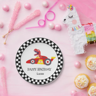 Red Birthday Dinosaur race car boy racing kid name Paper Plate