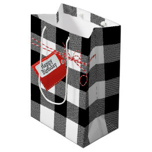 Red Birthday Gift Tag On Buffalo Plaid Medium Gift Bag
