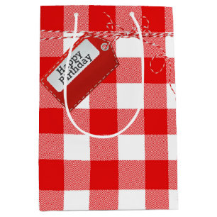 Red Birthday Gift Tag On Buffalo Plaid Medium Gift Bag
