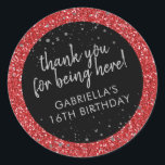 Red Birthday Glitter Thank You Favour Classic Round Sticker<br><div class="desc">Red glitter and silver sparkles personalised thank you favour stickers for a fun and girly birthday party. All wording is editable making them perfect for a little girl's 1st 5th, or 8th birthday, or a big girl's 13th 15th sweet 16th, 18th or 21st birthday or graduation. The "thank you for...</div>
