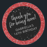 Red Birthday Glitter Thank You Favour Classic Round Sticker<br><div class="desc">Red glitter and silver sparkles personalised thank you favour stickers for a fun and girly birthday party. All wording is editable making them perfect for a little girl's 1st 5th, or 8th birthday, or a big girl's 13th 15th sweet 16th, 18th or 21st birthday or graduation. The "thank you for...</div>