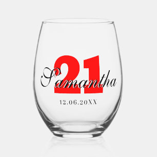 Red Birthday Number Black 3D Name Date Stemless Wine Glass