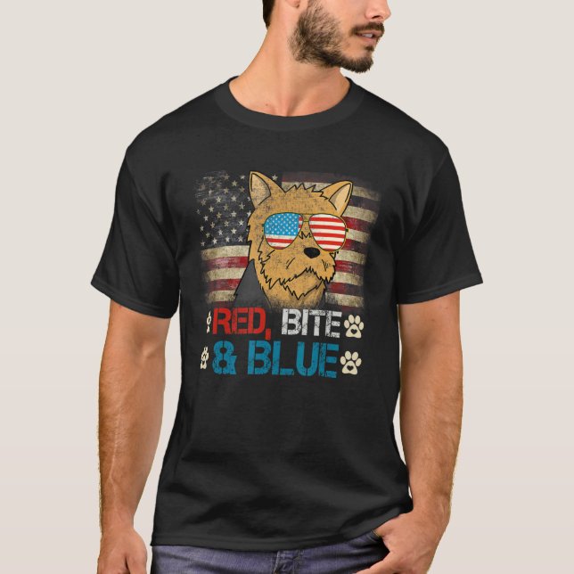 Red Bite Blue Yorkshire Terrier American Usa Flag  T-Shirt (Front)