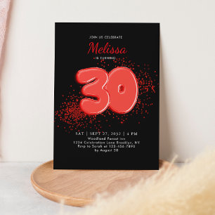 Red Black 30th Balloons Confetti Adult Birthday Invitation