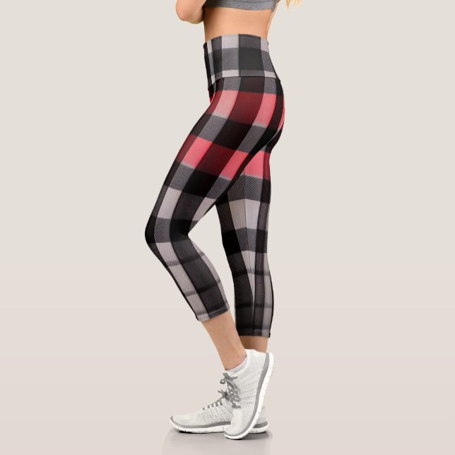 Red Black Abstract Plaid Modern Collection Capri Leggings (Left)