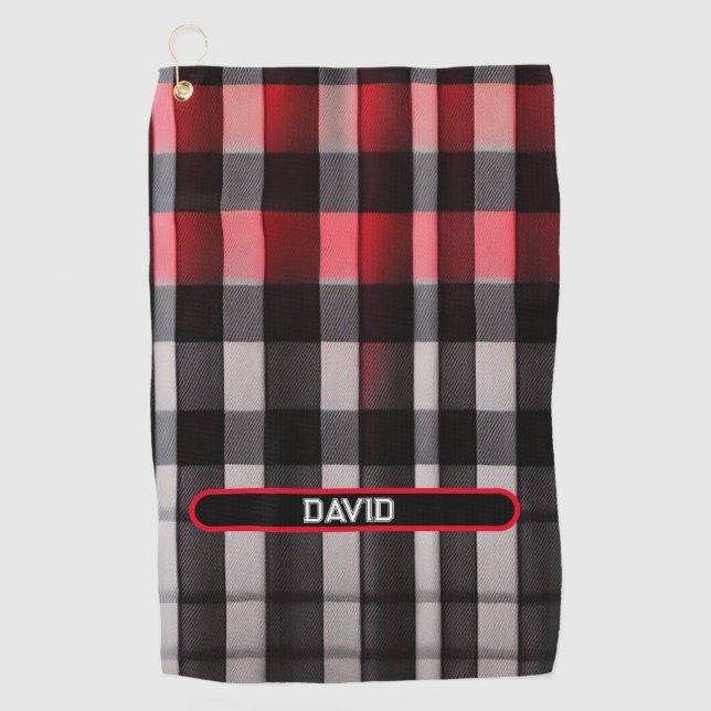 Red Black Abstract Plaid Modern Collection Golf Towel (Front)