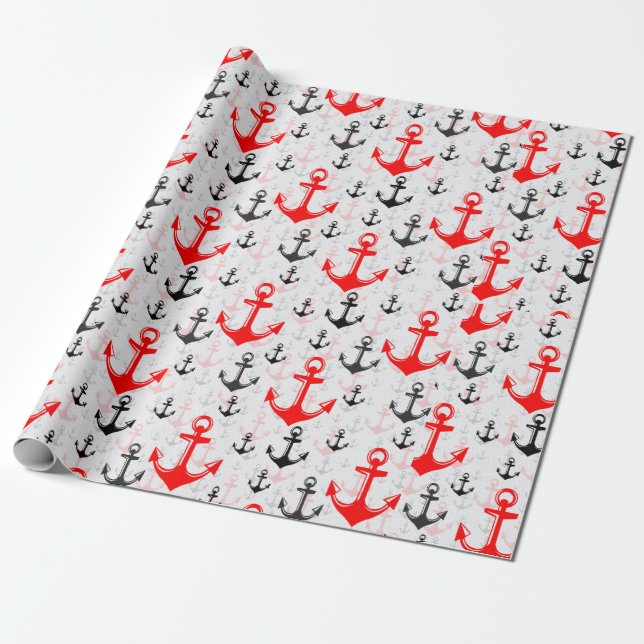 Red Black Anchor With White Background Pattern Wrapping Paper (Unrolled)