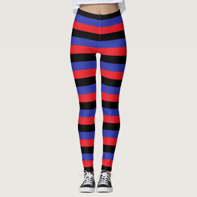 Red, Black and Blue Stripes Leggings (Front)