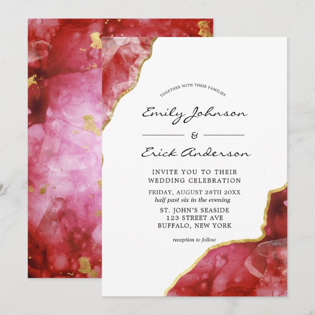 Red Black and Gold Agate Crystals Wedding Invitati Invitation (Front/Back)