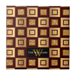 Red, Black And Gold Chequerboard Pattern Monogram Ceramic Tile