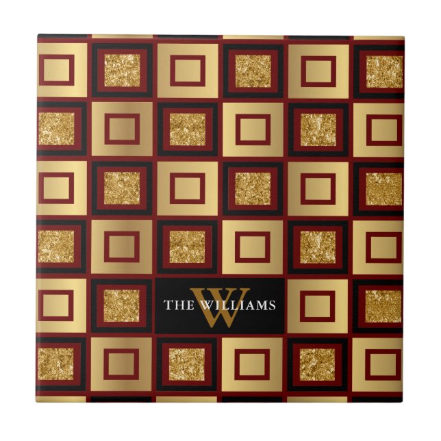 Red, Black And Gold Chequerboard Pattern Monogram Ceramic Tile (Front)
