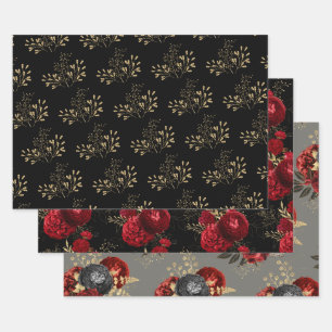 Red Black and Gold Floral  Wrapping Paper Sheet