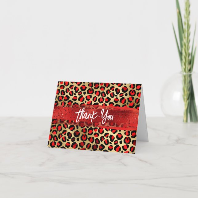 Red Black and Gold Foil Leopard Brush Stroke Thank You Card (Front)
