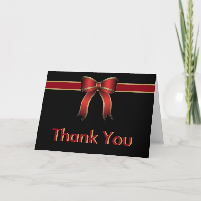 Red Black and Gold Gift with Bow Thank You Card (Front)