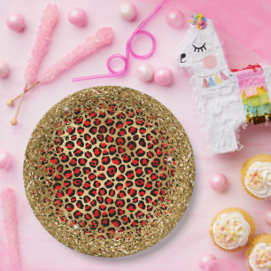 Red Black and Gold Glittery Foil Leopard Glam Paper Plate