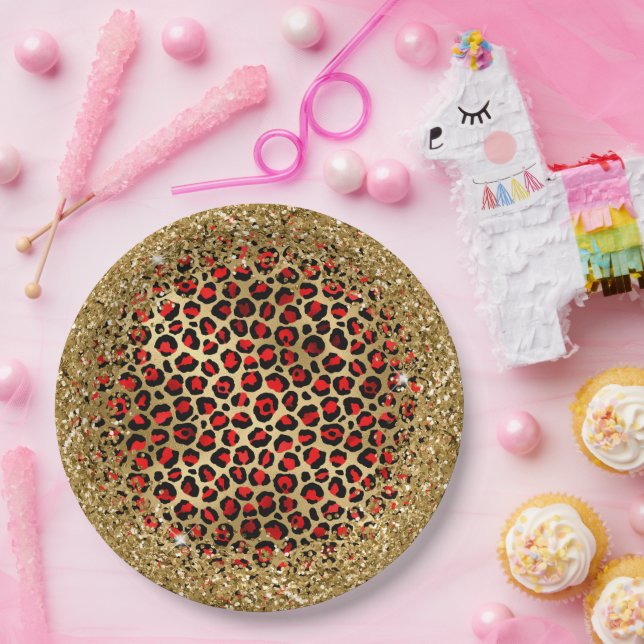 Red Black and Gold Glittery Foil Leopard Glam Paper Plate (Party)