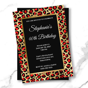 Red Black and Gold Leopard Glam 40th Birthday Invitation