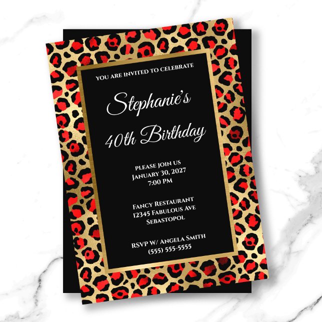 Red Black and Gold Leopard Glam 40th Birthday Invitation (Red Black and Gold Leopard Glam 40th Birthday Invitation)