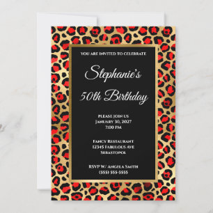 Red Black and Gold Leopard Glam 50th Birthday Invitation