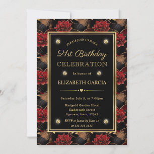 Red Black and Gold Marble Floral 21st Birthday Invitation