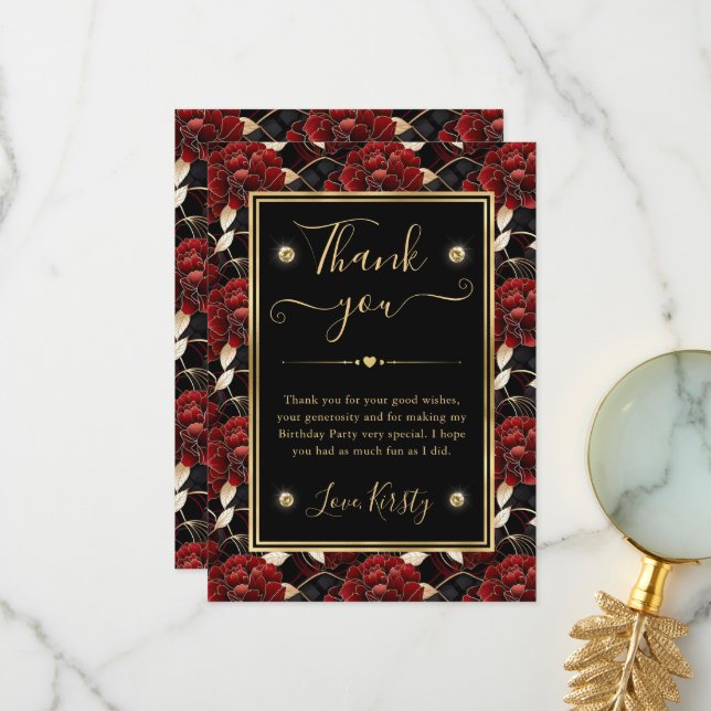 Red Black and Gold Marble Floral Birthday Thank You Card (Front/Back In Situ)