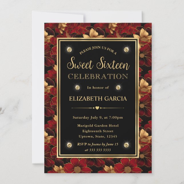 Red Black and Gold Marble Floral Sweet Sixteen Invitation (Front)