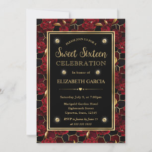 Red Black and Gold Marble Floral Sweet Sixteen Invitation