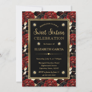 Red Black and Gold Marble Floral Sweet Sixteen Invitation