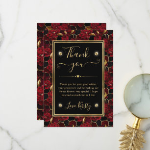 Red Black and Gold Marble Floral Sweet Sixteen Thank You Card