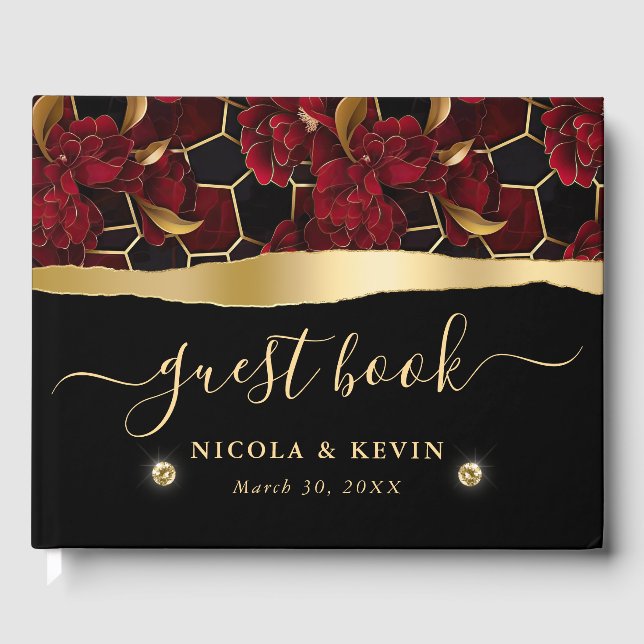 Red Black and Gold Marble Floral Wedding Guest Book (Front)