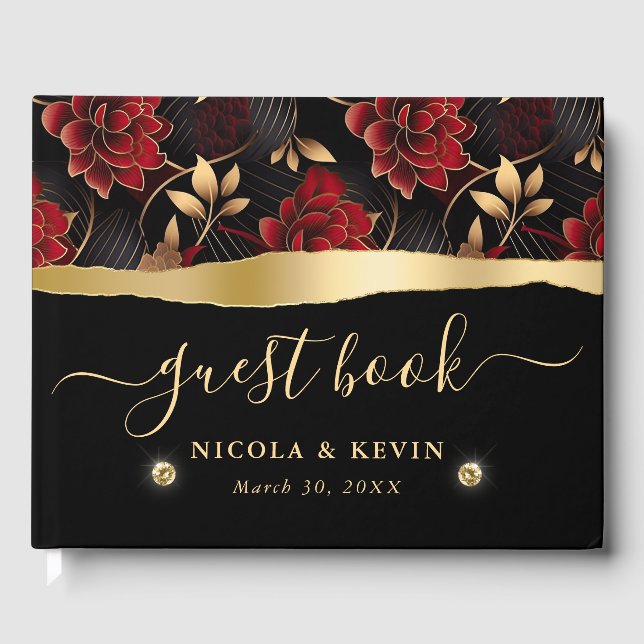 Red Black and Gold Marble Floral Wedding Guest Book (Front)