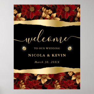 Red Black and Gold Marble Floral Wedding Welcome Poster