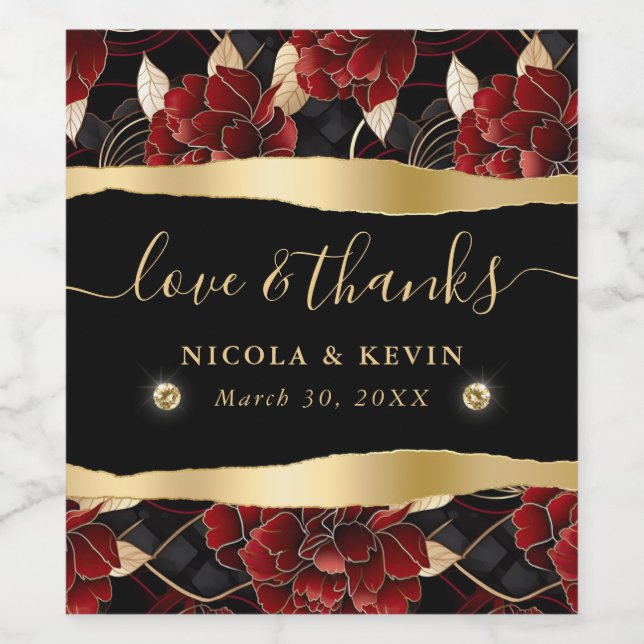 Red Black and Gold Marble Floral Wedding Wine Label (Single Label)