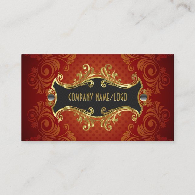 Red Black And Gold Swirls Business Card Template (Front)