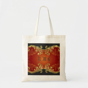 Red Black And Gold Tones Vintage Swirls 2-Monogram Tote Bag