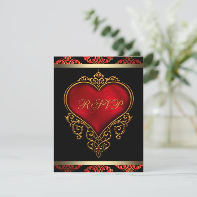 Red Black and Gold Wedding RSVP Invitation (Standing Front)