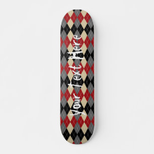 Red Black and Grey Argyle Personalised Skateboard