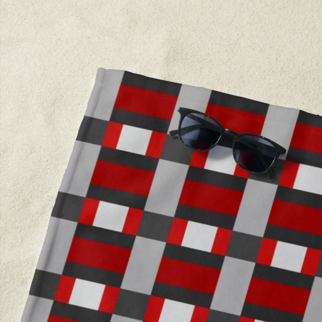 Red Black And Grey Colour Block Print Beach Towel (In Situ)