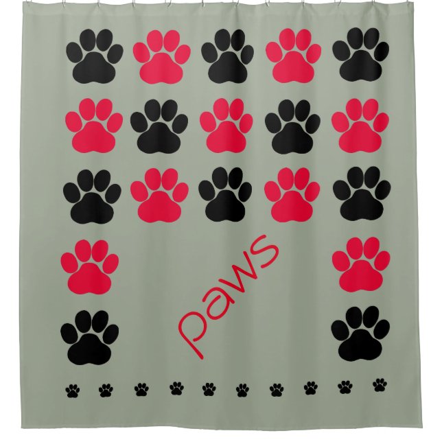 Red, Black and Grey Paw Print Shower Curtain (Front)