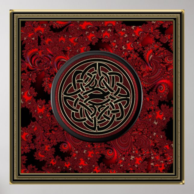 Red Black and Metallic Gold Celtic Knot on Fractal Poster (Front)