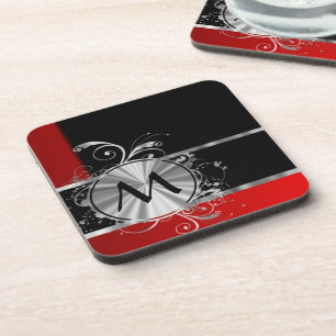Red black and silver monogram coaster
