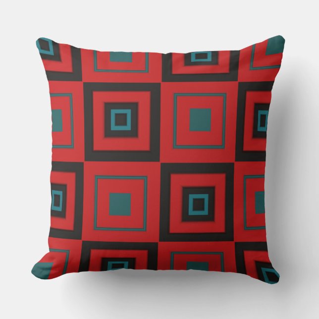 Red, black and turquoise geometric cushion (Front)