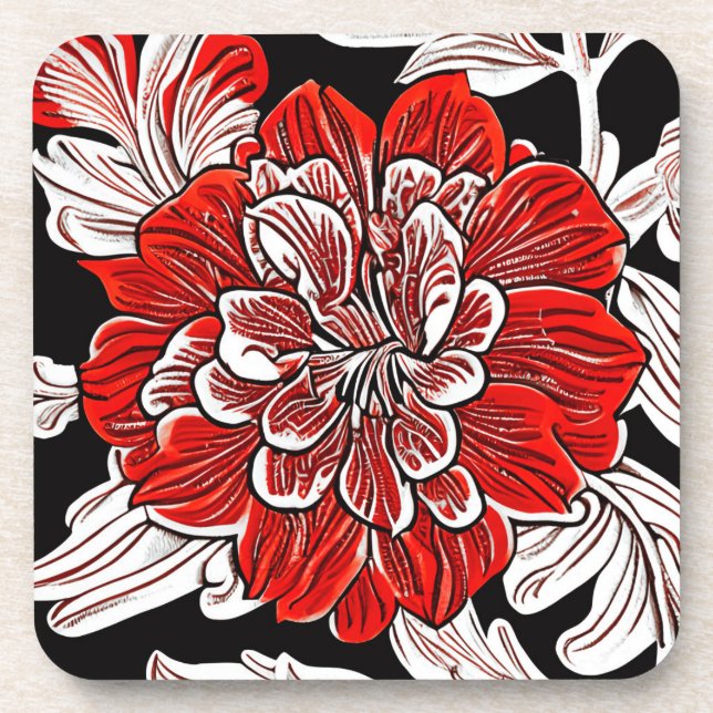 Red Black and White Art Nouveau Flower  Coaster (Front)