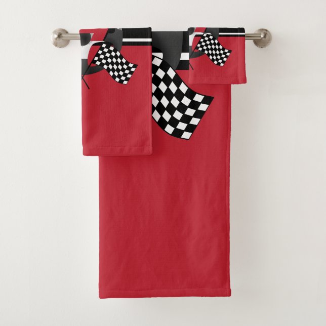 Red, Black and White Chequered Racing Bath Towel Set (Insitu)