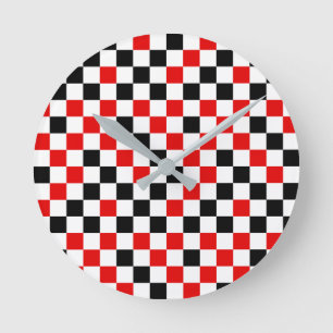 Red Black and White Chequered  Round Clock