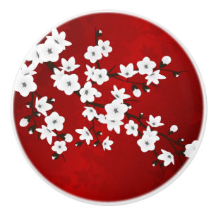Red Black And White Cherry Blossom Asia Floral Ceramic Knob