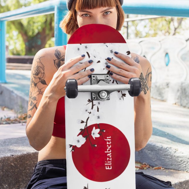Red Black And White Cherry Blossom Rising Sun Name Skateboard (Creator Uploaded)